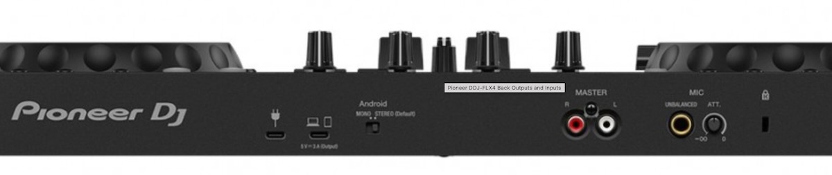 DDJ-FLX4 rear panel — power input port, USB-C data port, MASTER RCA outputs