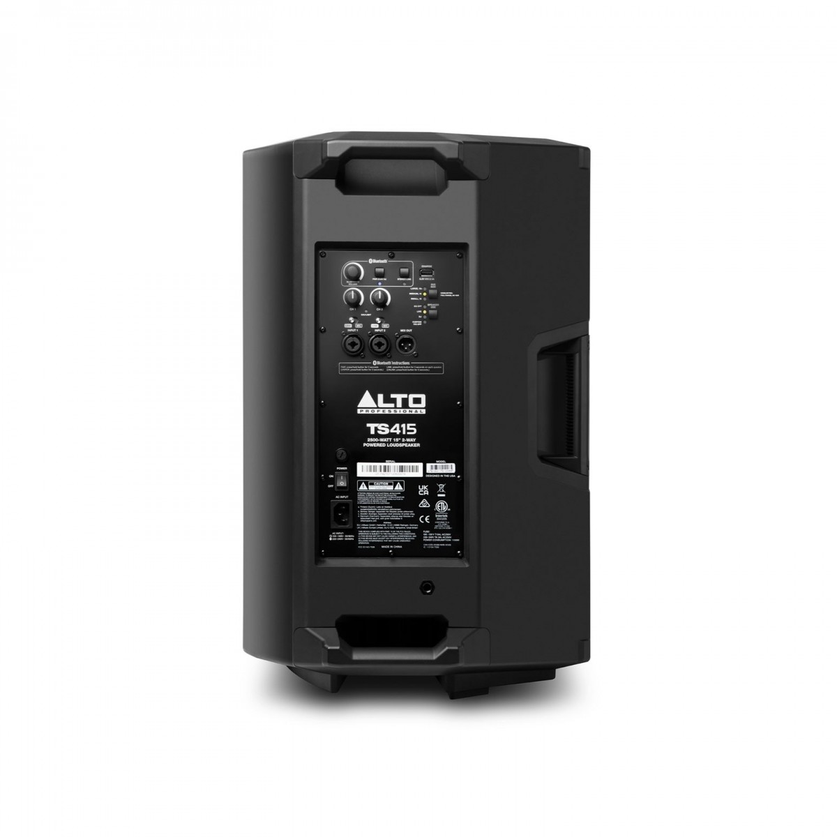 Alto TS415 rear panel — INPUT 1 XLR socket, gain knob, and SPEAKER USE selector