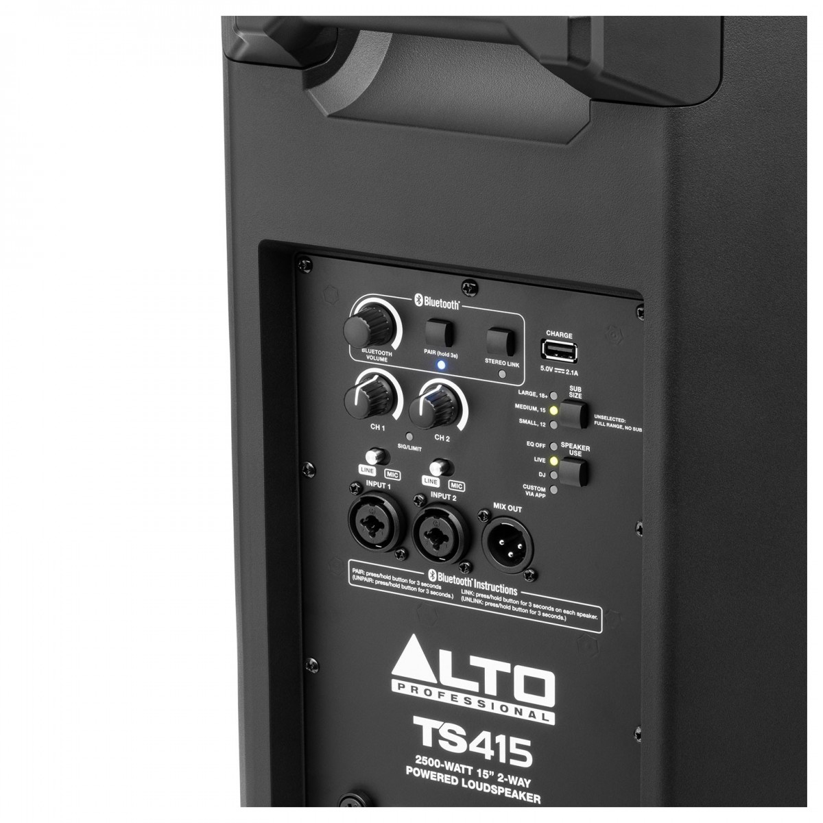TS415 rear panel — INPUT 1, LINE/MIC switch, CH1 gain knob, SPEAKER USE selector